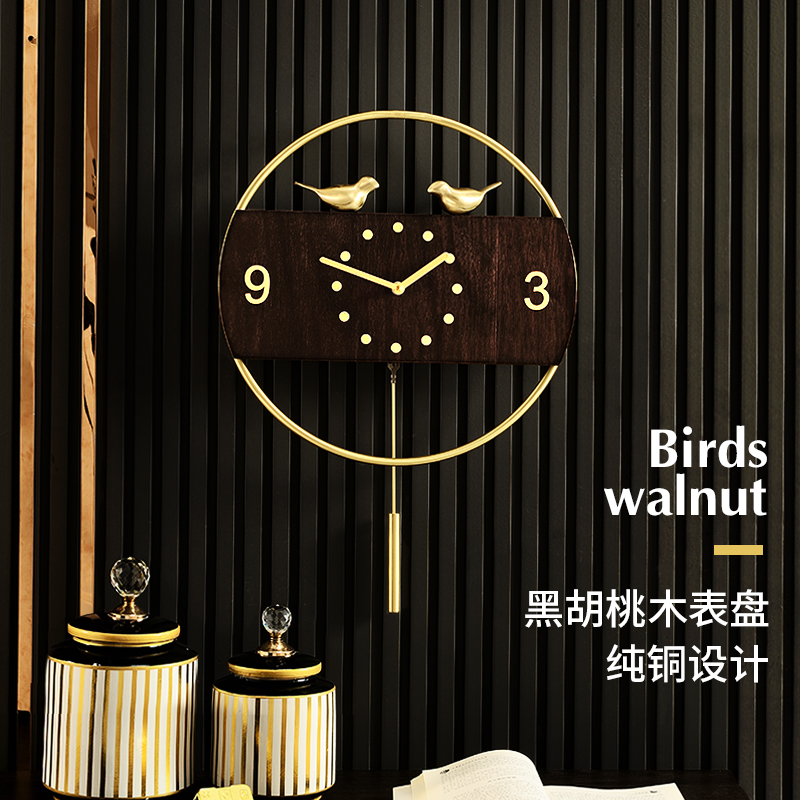 High-end new Chinese pure copper wall clock living room wall wall light luxury walnut Chinese style clock modern decorative household