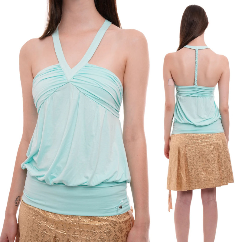 Niihai Mint Green Halter Neck Ruched Top V-Neck Braided Tie Backless Balloon Short Top Vest Niihai Mint Green Halter Neck Ruched Top V-Neck Braided Tie Backless Balloon Short Top Vest