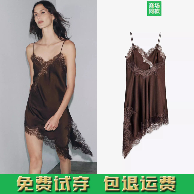 2025 Summer New Women's Clothing Sexy Style V Neck Sleeveless Silk Satin Texture Lace Asymmetric Dress 5919200 2025 Summer New Women's Clothing Sexy Style V Neck Sleeveless Silk Satin Texture Lace Asymmetric Dress 5919200