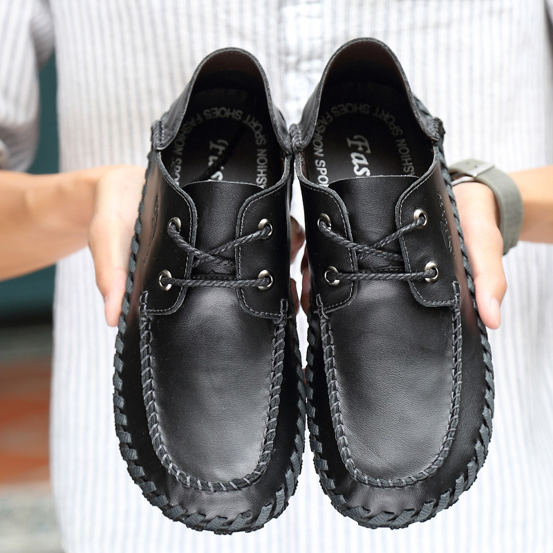 Real Leather Bean shoes Men's Fat Wide Head Bull Leather Shoes Inglese Soft Bottom Gats Plus Fat Wide Footed Casual Shoes Sloth Shoes