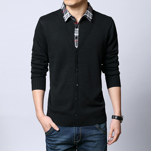 Fake hai chiếc áo thun dài tay trẻ trung áo len cardigan nam mùa đông cotton áo sơ mi cổ áo thun rộng kích thước áo len nam thời trang công sở nam