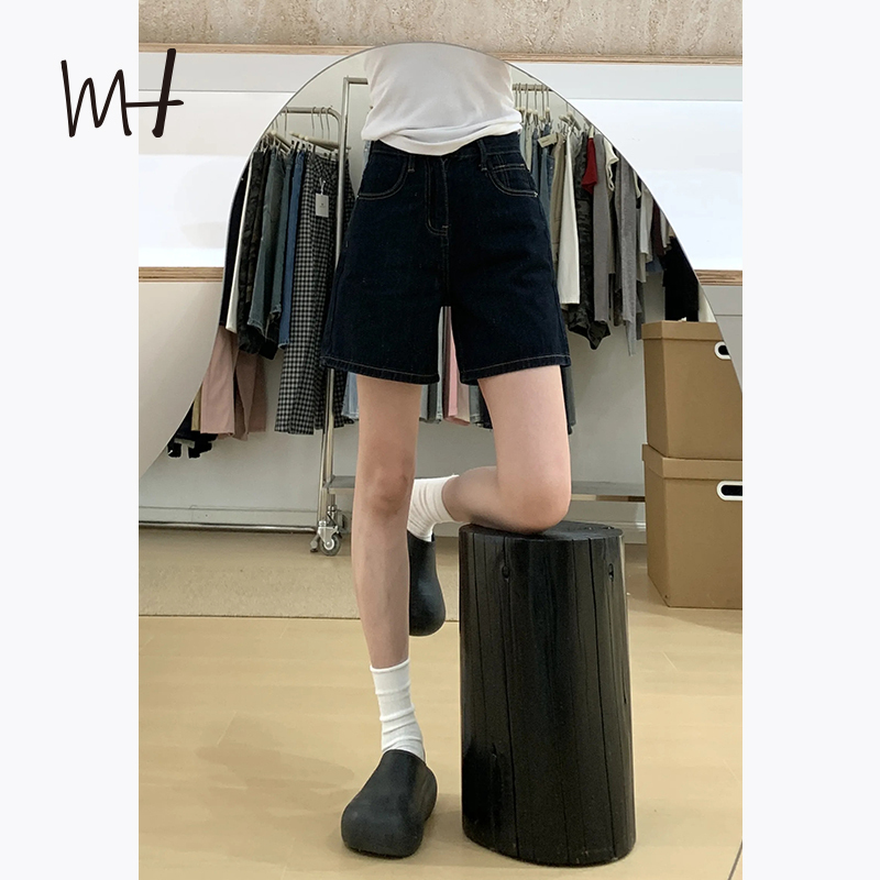 American Retro Dark Blue Denim Shorts for Women 2026 Summer Petite Five-Point Straight Slimming Four-Point Mid-Length Pants