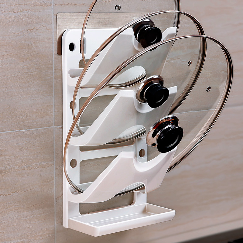 Biqing Kitchen Lid Rack Wall-mounted Free punching with water receiving pan lid bracket Plastic draining pot lid rack multilayer