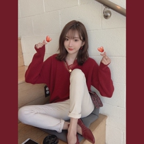 Mushroom Mushroom Main Push V-neck Lace Sweater Loose Pullover Knit Top Women