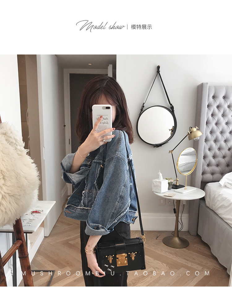 Nấm nấm vàng Ngay từ cái nhìn đầu tiên, đầu thu, tóc ngắn nhỏ, hoang dã, đa năng, được giặt, áo khoác denim màu xanh cổ điển, nữ áo khoác nữ de thương