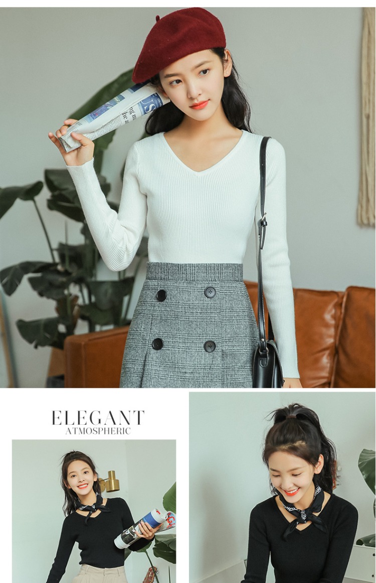 Mùa thu 2018 phiên bản Hàn Quốc mới của áo len cổ chữ V dài tay áo len nữ sang trọng Áo len mỏng mỏng chạm đáy áo len cổ lọ