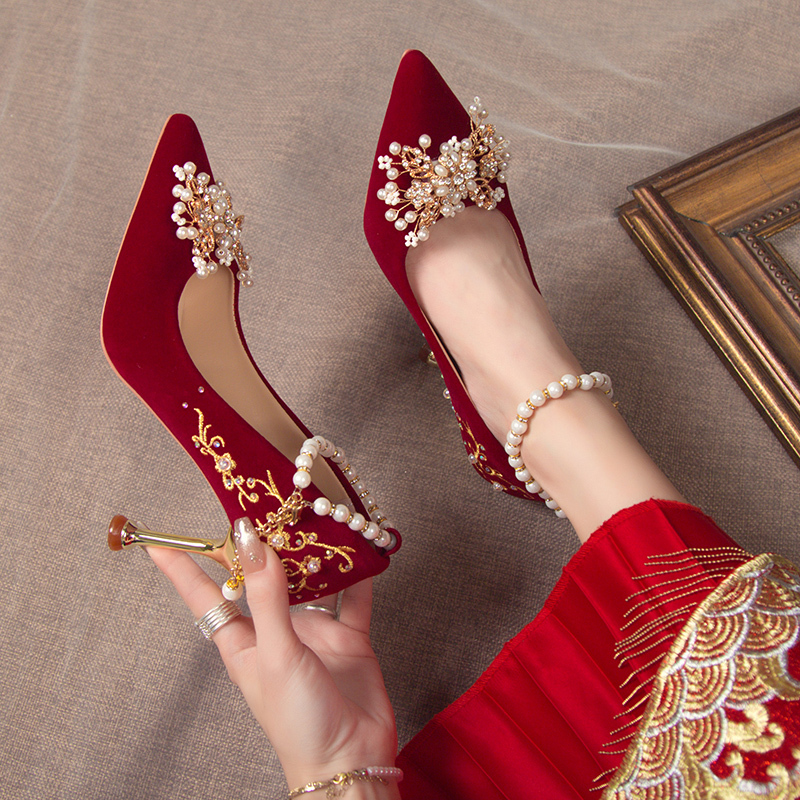 Red Wedding Shoes for Women, Stiletto Heels, 2026 New Style, Xiuhe Dress Bridal High Heels, Chinese Style, Comfortable for Pregnant Women, Wedding Shoes