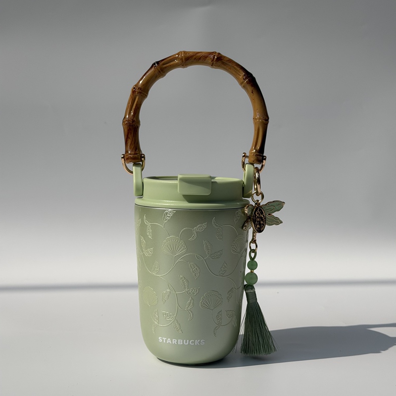 Starbucks Cup 2026 Spring Series Pattern Chinese-Style Green Portable Bamboo Handle Double Drinking Mouth Stainless Steel Cup