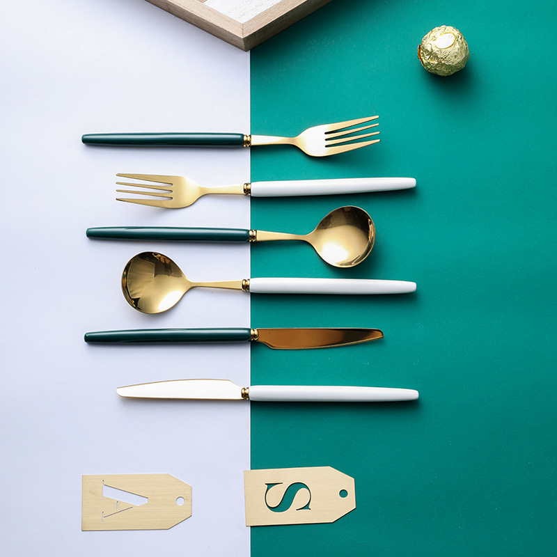 Ins creative color ceramic handle stainless steel knife and fork spoon dessert western food steak knife and fork suit household utensils