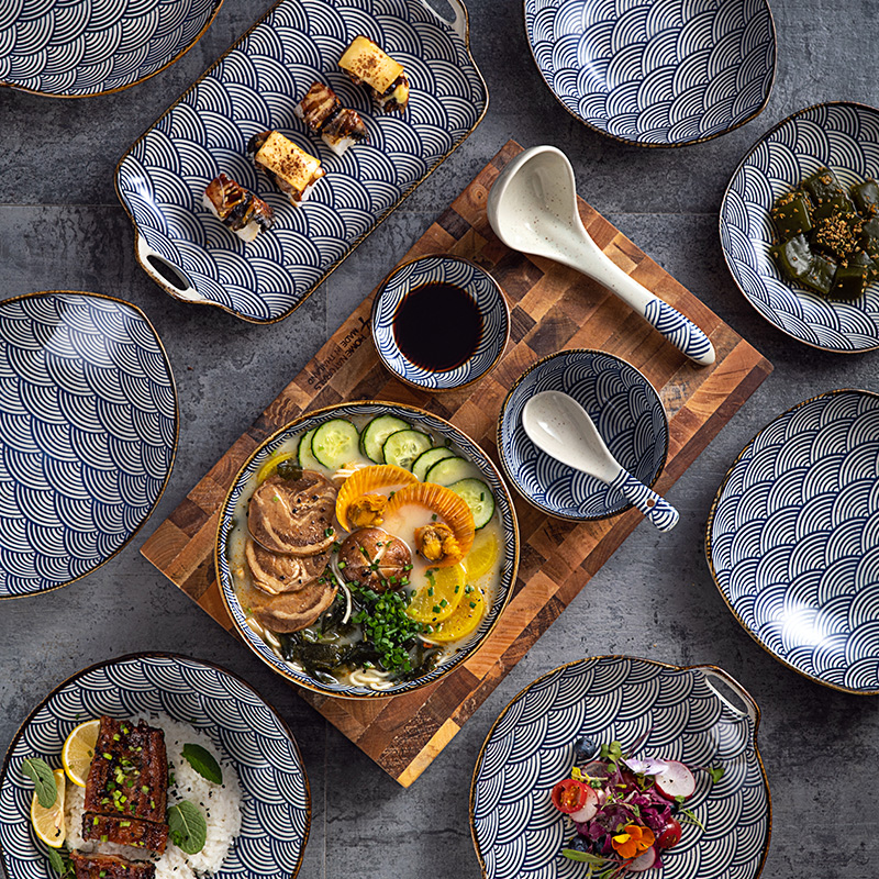 KaiGu Japanese and wind under the glaze color wave grain ceramic dish dish fish dish of rice bowl soup bowl plate household