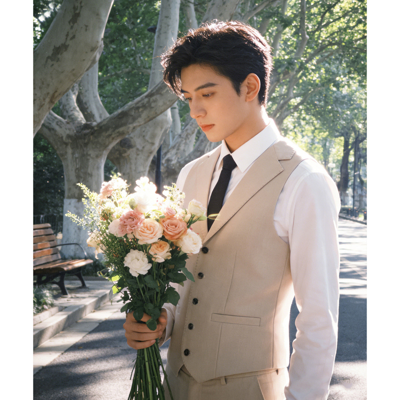 Summer Business Flat Lapel Vest Suit for Men, High-End Groomsmen and Groom Wedding Engagement Suit Vest Dress