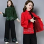 Cotton và lanh áo khoác ngắn retro phong cách quốc gia mùa thu mới retro thêu hoa dài tay jacquard là áo cardigan mỏng áo khoác bông nữ