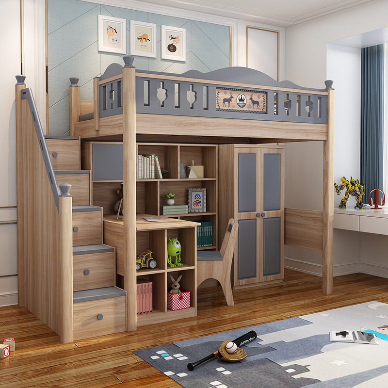 Nordic children's desk bookcase Wardrobe One-piece bed Solid wood multi-functional learning bed Boy and girl bed under the table