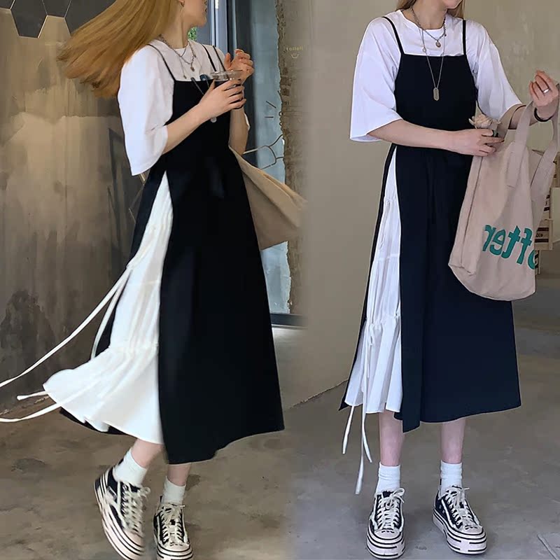 Temperament pregnant woman Ocean dress Summer outwear Careful Machine Splicing Pendant Strap Skirt summer Two sets Long version Knee Skirt
