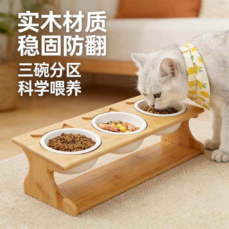 Solid Wood Cat Bowl Stand with Three Compartments, Ceramic Food Bowls for Pets, Stable and Anti-Tip, Scientifically Designed to Protect the Cervical Spine, Cat and Dog Food Bowls Solid Wood Cat Bowl Stand with Three Compartments, Ceramic Food Bowls for Pets, Stable and Anti-Tip, Scientifically Designed to Protect the Cervical Spine, Cat and Dog Food Bowls