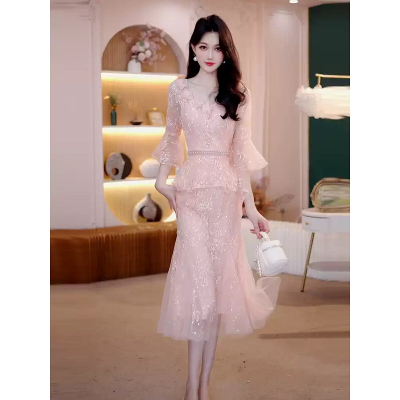 Banquet Skirt, Summer Elegant, Socialite Slimming, Light Luxury, Noble and Fashionable Fake Two-Piece Mesh Sequin Dress