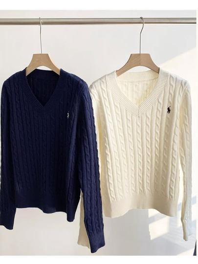 爆款callmeear//奶油麻花复古刺绣V领长袖针织毛衣初秋套头女上衣