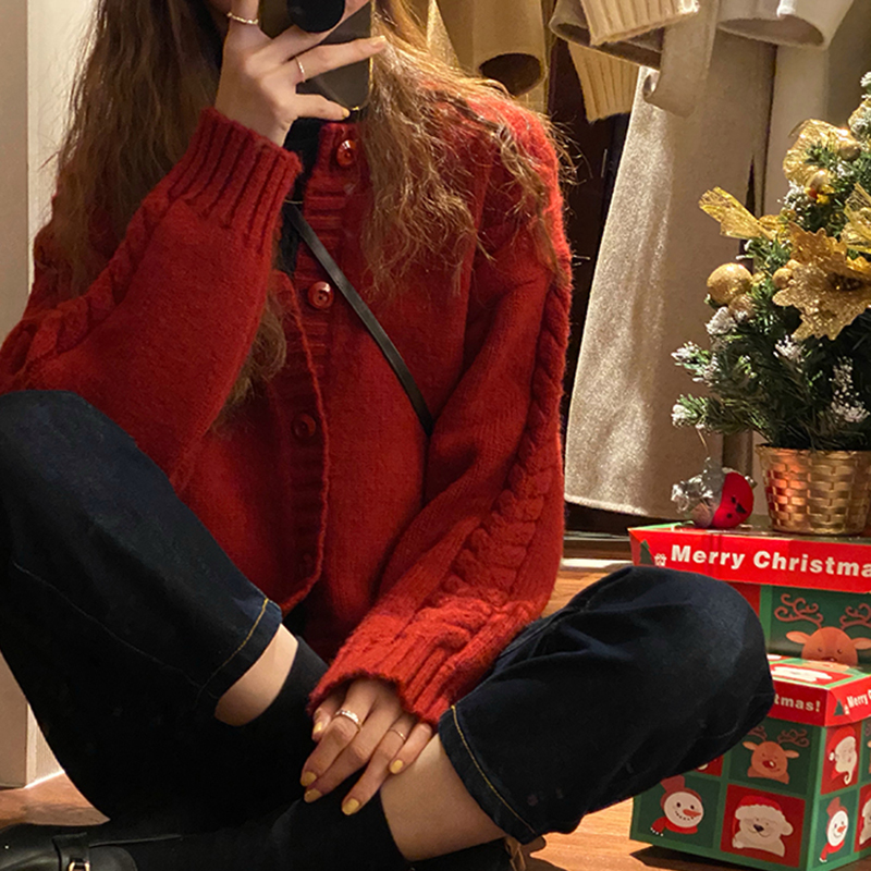 Red knit cardiovert twist with short style Thickened Ben Year Sweater Jacket Woman Spring Autumn Loose Retro Gentle Blouse