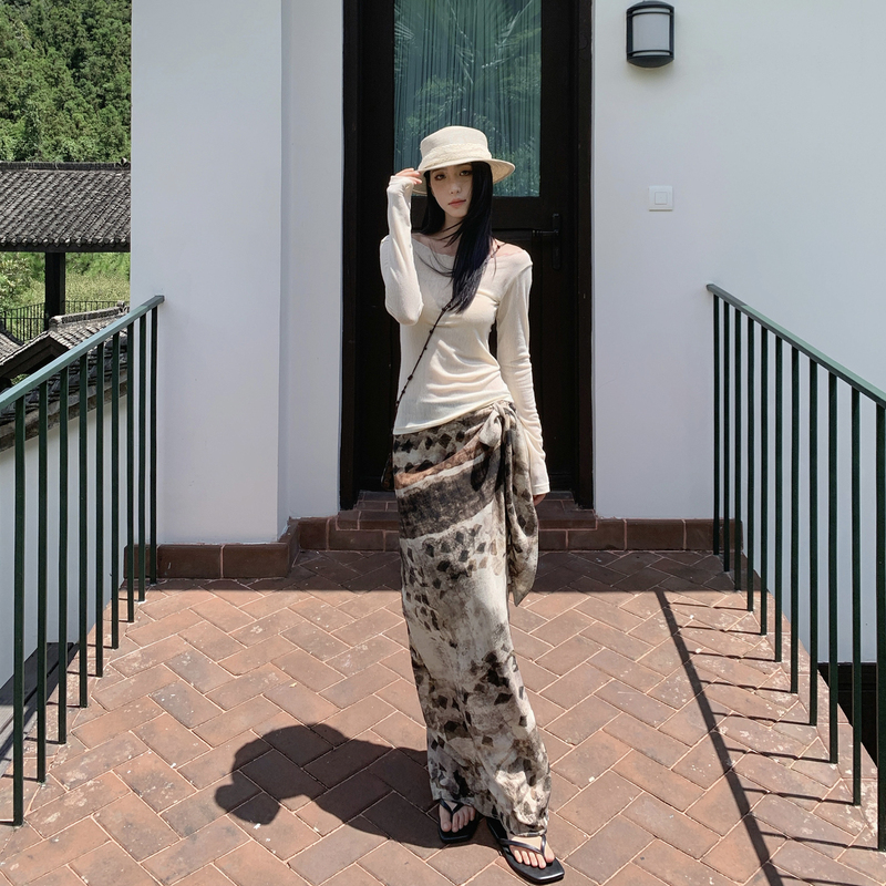 Xia Lan Xiyu Smbl Rain Coffee-Colored Vacation Travel Beach Dress One-Piece Chiffon Skirt Long Skirt for Women Autumn