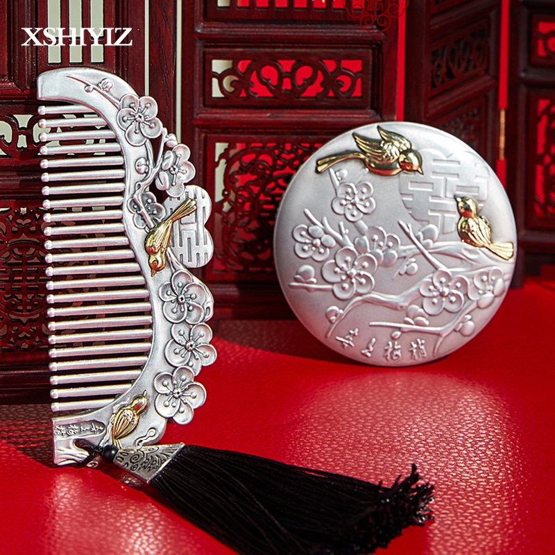 Silver Comb Made of Pure 999 Silver, Handmade with a Short Handle, Featuring a Design of a Magpie on a Plum Blossom, Hair Care Comb, Silver Mirror, Wedding Set