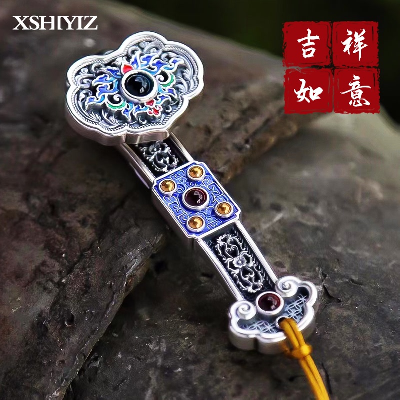 Pure Silver Ruyi Handpiece, 999 Pure Silver, Auspicious Ruyi Ornament, Vintage Inlaid with Pearls, Enamel Decoration, Collectible Gift Pure Silver Ruyi Handpiece, 999 Pure Silver, Auspicious Ruyi Ornament, Vintage Inlaid with Pearls, Enamel Decoration, Collectible Gift