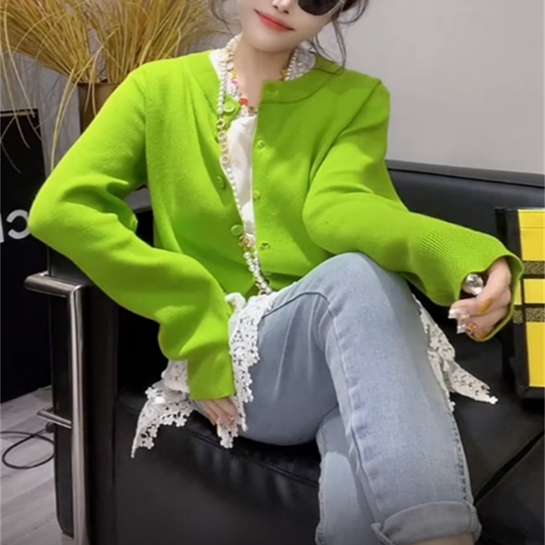 European Goods 2025 Spring New Fashion Design Long-Sleeved Green Knitted Cardigan Jacket Women's Short Top Trendy