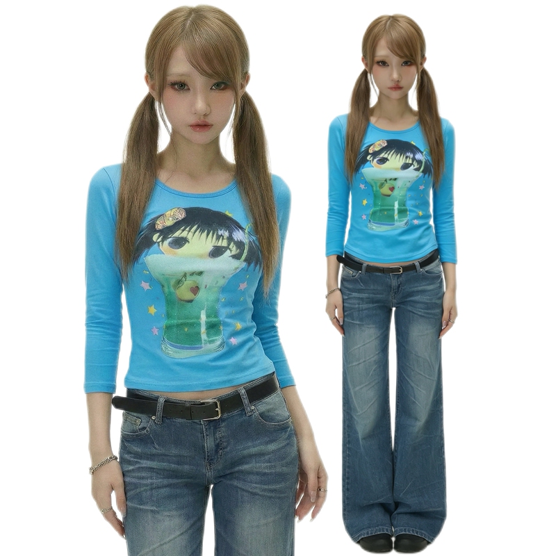 Webbar Original Summer Mint Ice Cream Girl Vintage Flavor Millennium Blue Eight-Quarter Sleeve Pure Cotton T-Shirt N.8-Xp Webbar Original Summer Mint Ice Cream Girl Vintage Flavor Millennium Blue Eight-Quarter Sleeve Pure Cotton T-Shirt N.8-Xp