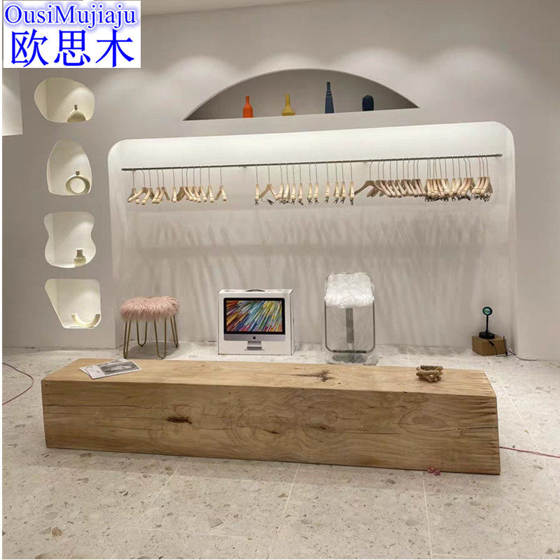 Nordic log strip stool creative old wooden head mound solid wood retro long bench clothing shop whole wood rest for shoe-changing stool