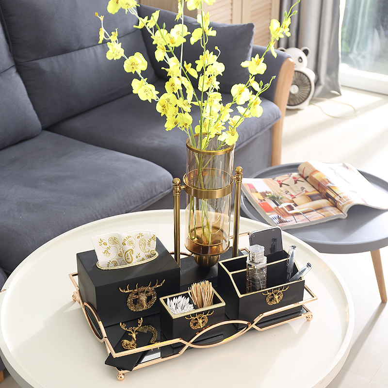 Light Luxury American household storage box Tea table decoration tray set Living room creative tissue box Soft outfit matching set