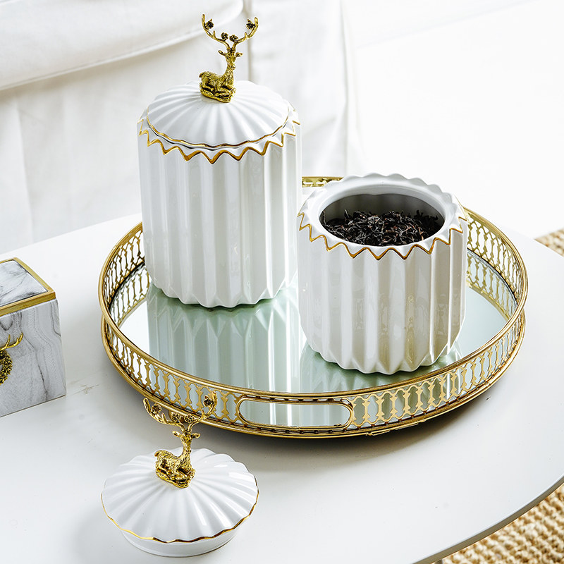 Light luxury ceramic candy can American tea sealed can Toothpick Cotton swab storage box Tea table Living room decoration ornaments