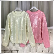 Mùa thu đông mới áo thun cổ tròn công sở nặng sequin áo len đính hạt nữ rộng rãi áo dài tay nữ 2018 thủy triều