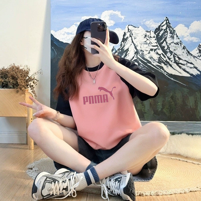 公式正規品アウトレット半袖コットンTシャツ女性夏カップル黒とピンクのラグランラウンドネック半袖Tシャツ男性