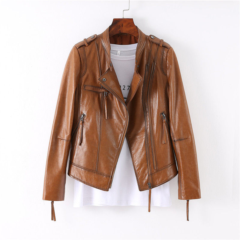 Leather leather women's sheep short slim slim slim stand collar locomotive leather jacket autumn and winter small man coat women