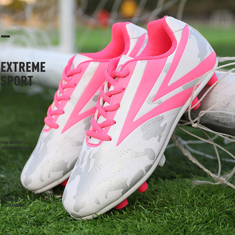 Soccer shoes women's primary school students training shoes boys and girls TF broken nails non-slip pink leather feet adult AG spikes
