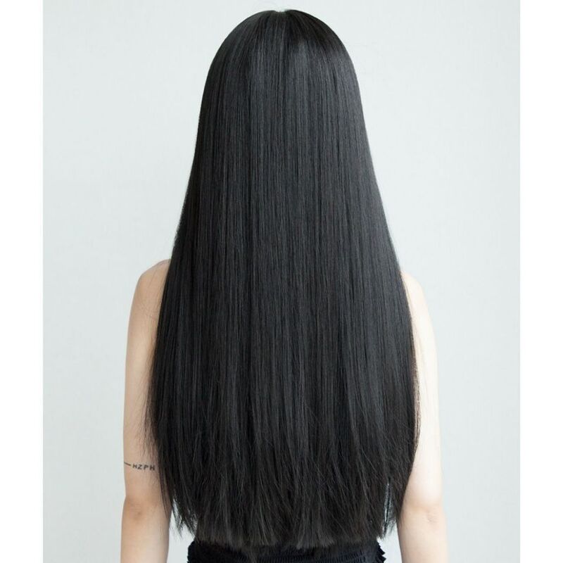 Wig for Women, Full Head Cover, Black Long Straight Hair, Face-Framing, Natural Air Bangs, Real Human Hair Wig, 100% Real Human Hair