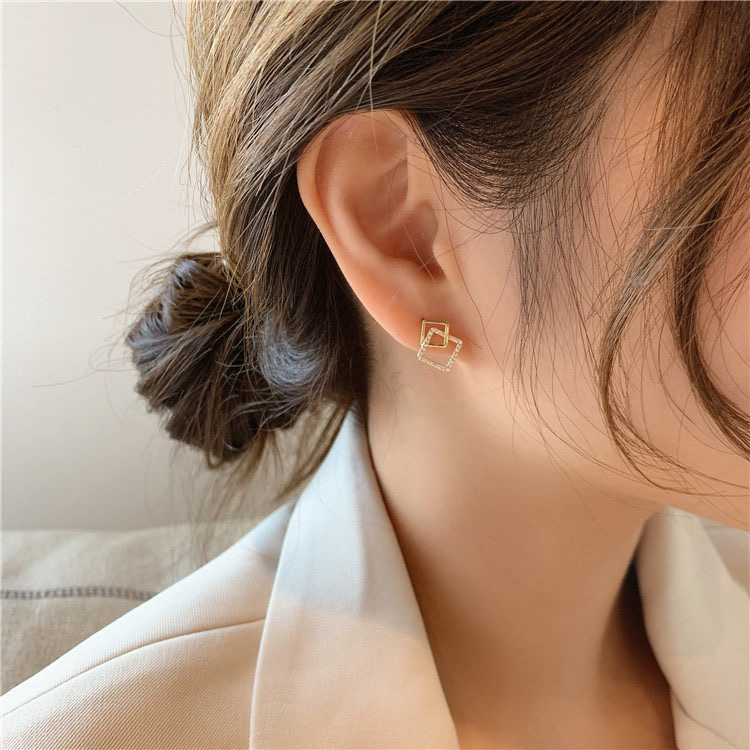 2022 fresh all-match trendy Japanese and Korean square ring micro-inlaid zircon s925 ear needle female simple student Sen earrings