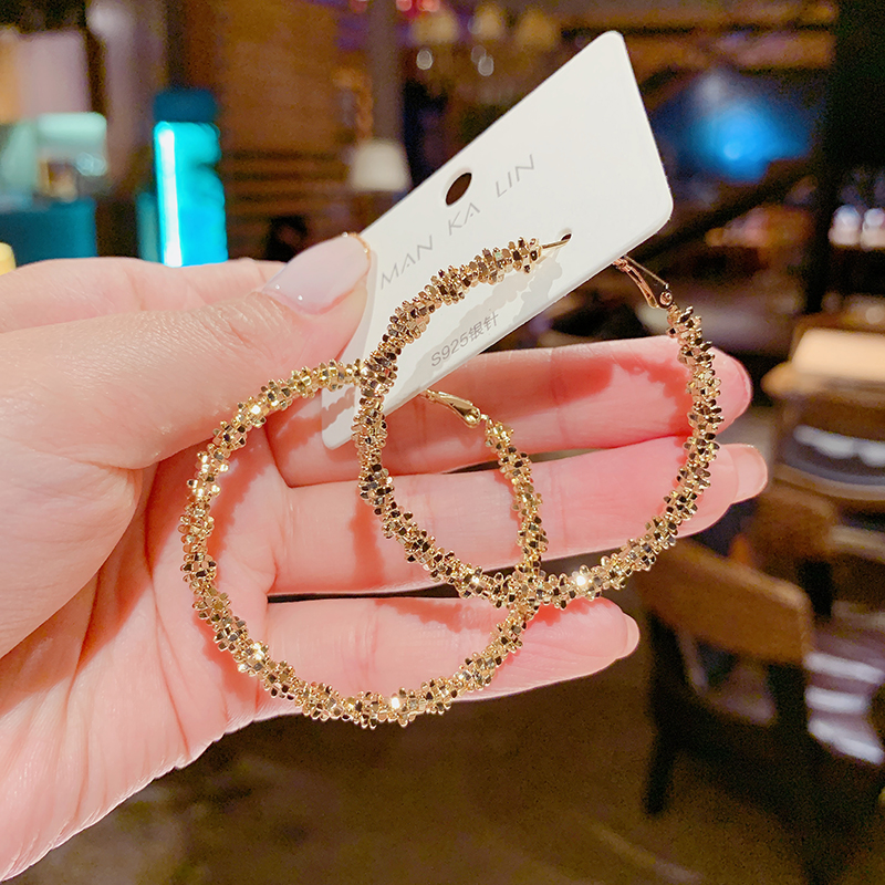 Exaggerated big hoop earrings net red temperament explosion style S925 silver needle personality all-match trendy metal earrings earrings female