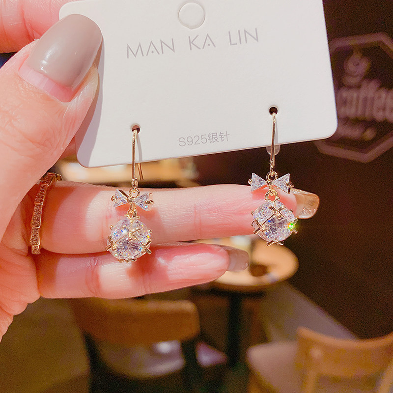 Dongdamen bow ear hook earrings full of zircon square earrings 2022 new trendy light luxury all-match net red earrings female