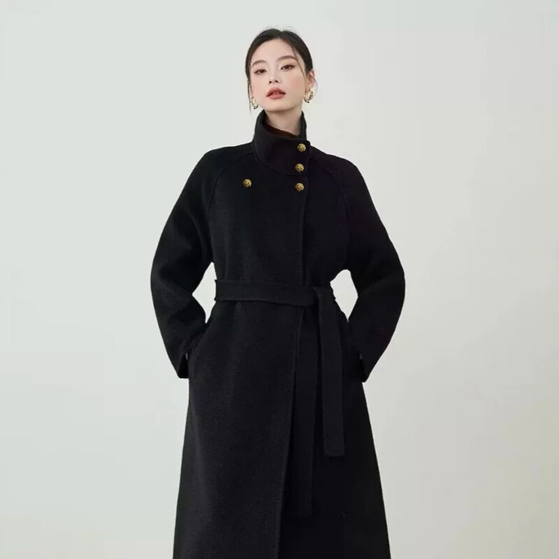 Hepburn-Style Black Stand-Collar Double-Sided Cashmere Coat for Women, 2026 Autumn and Winter, Belted Waist, Mid-Length Woolen Coat Hepburn-Style Black Stand-Collar Double-Sided Cashmere Coat for Women, 2026 Autumn and Winter, Belted Waist, Mid-Length Woolen Coat