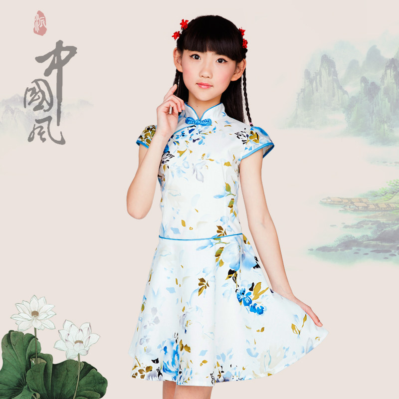 夏装童装连衣裙 女童宝宝唐装女孩儿童复古小孩旗袍 小儿童公主裙