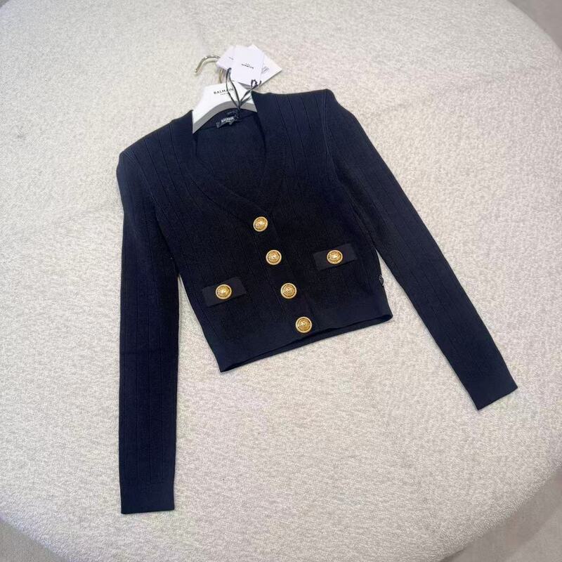 [Oranges in Italy] Balmain 5.24 70% off Classic and Exquisite V-Neck Black and Gold High-Elastic Knit Cardigan