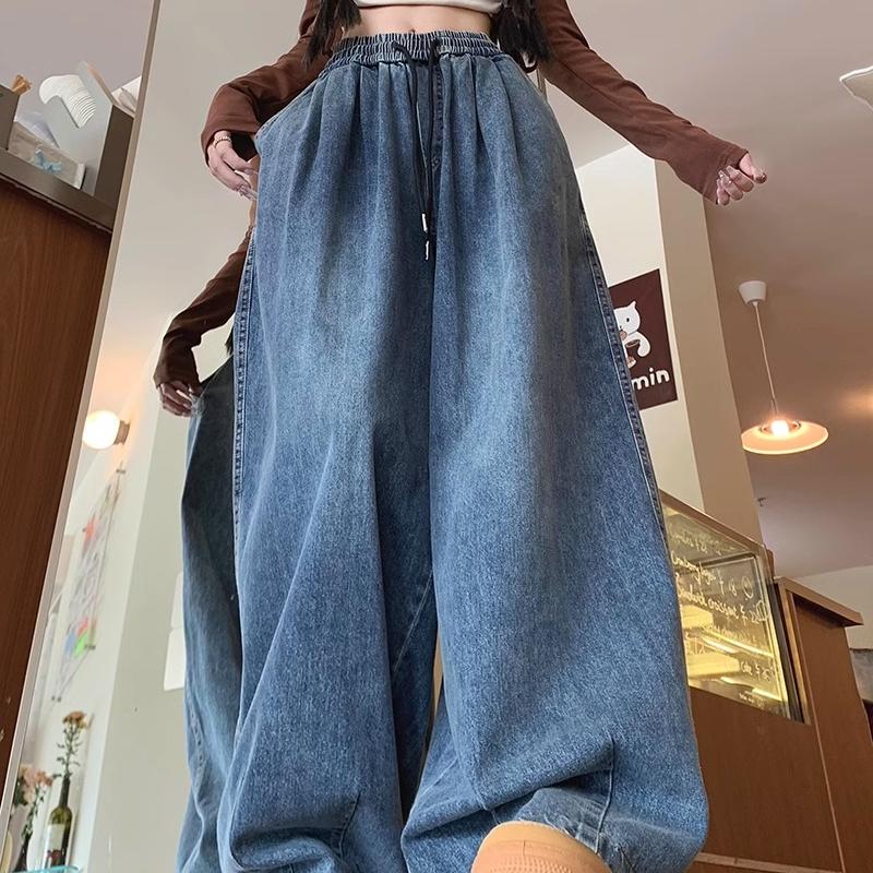 Vintage Elastic Waist Jeans Unisex Spring Trendy Drawstring Japanese Style Loose Straight Drape Wide-Leg Floor-Length Pants Vintage Elastic Waist Jeans Unisex Spring Trendy Drawstring Japanese Style Loose Straight Drape Wide-Leg Floor-Length Pants