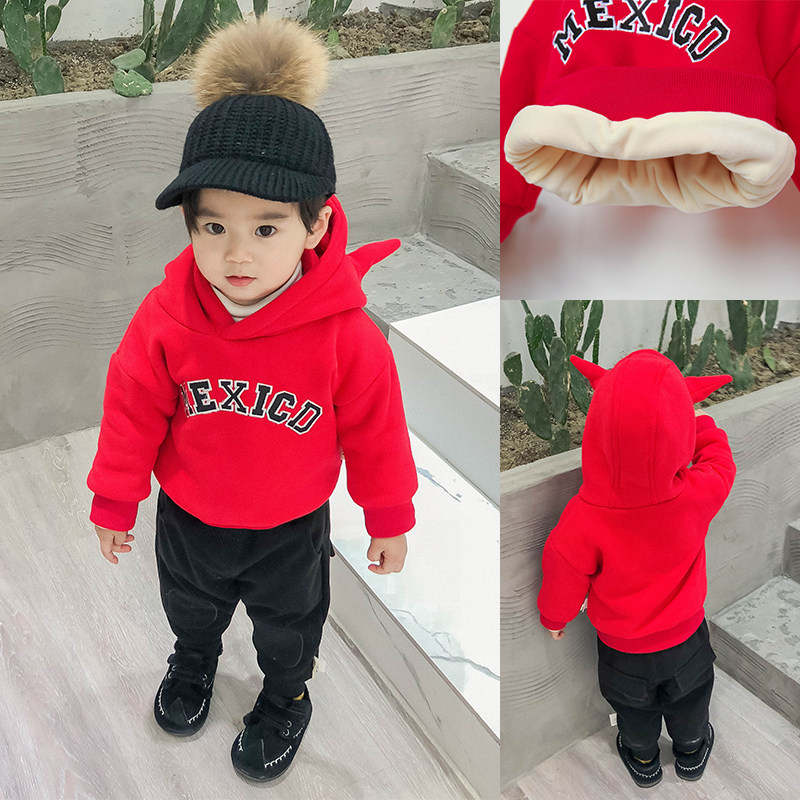 Boys sweater velvet winter cow horn hooded top Baby thickened warm clothes Baby Foreign school clothes Children's clothes