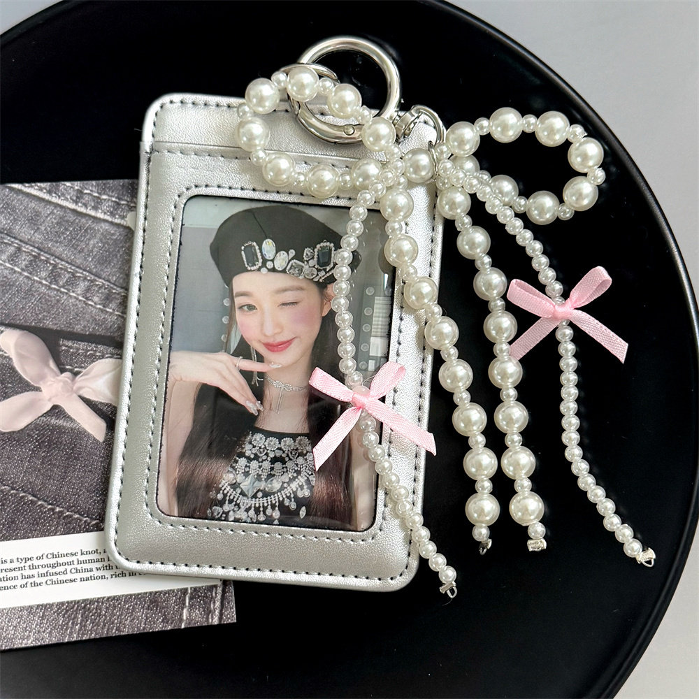 Miu style pearl bow leather card holder pouch, Instagram-worthy ID card protector, public transport card holder, bank card storage.