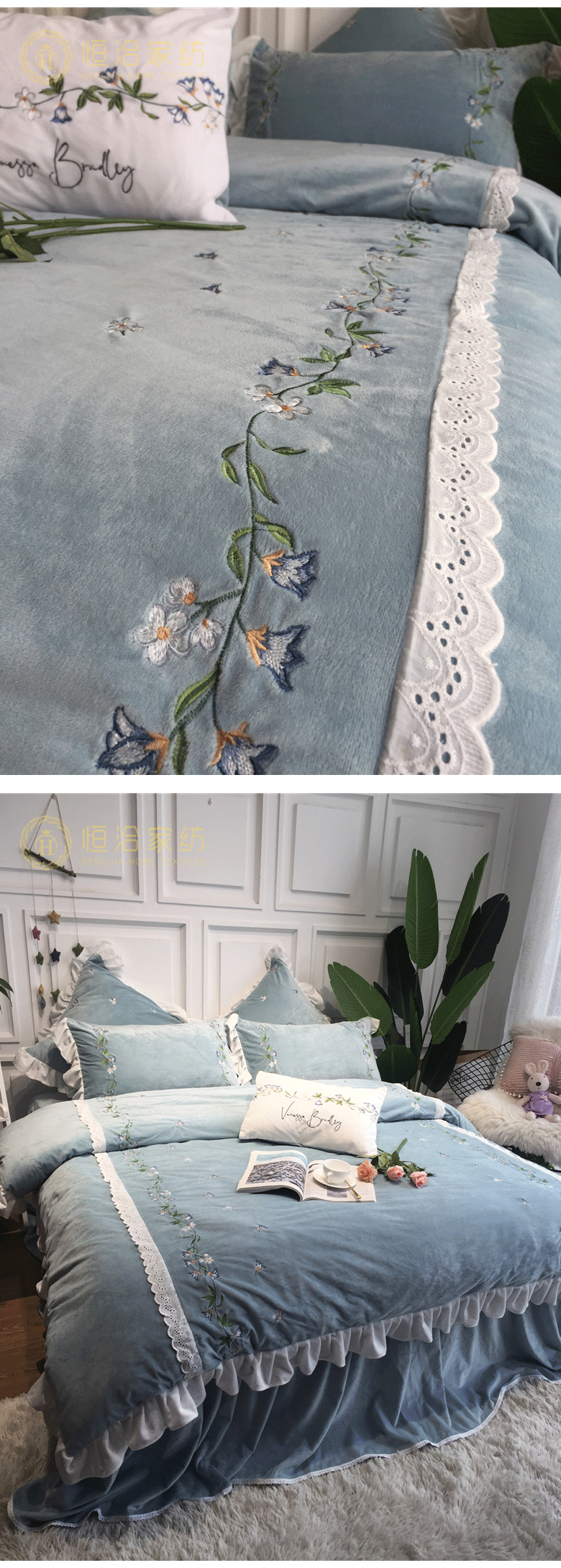 Công chúa phong cách váy ren mùa thu và mùa đông bé cashmere bốn mảnh mục vụ thêu gió dày nhung ấm giường - Bộ đồ giường bốn mảnh bộ chăn ga gối đệm cưới đẹp