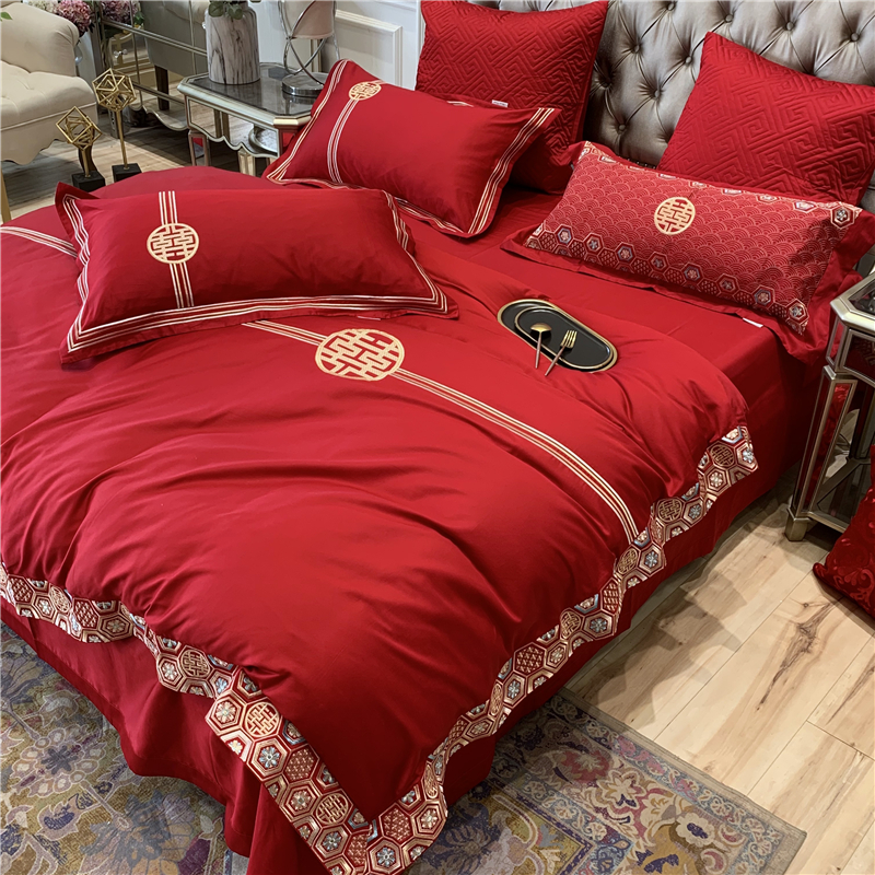 Chinese - style large red 60 long - duvet cotton married four - piece cotton packs of all - cotton national festival wedding bedding