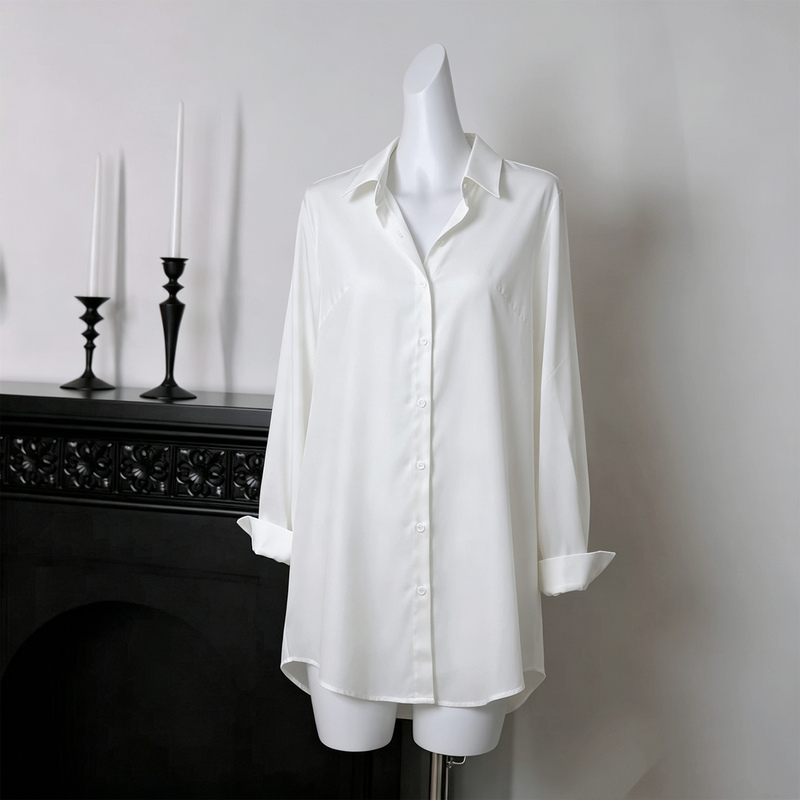 White Shirt for Women, Mid-Length, Long-Sleeved, Loose and Versatile Shirt, Korean Style Boyfriend Style Sexy Pajama Top, Bf Outerwear White Shirt for Women, Mid-Length, Long-Sleeved, Loose and Versatile Shirt, Korean Style Boyfriend Style Sexy Pajama Top, Bf Outerwear