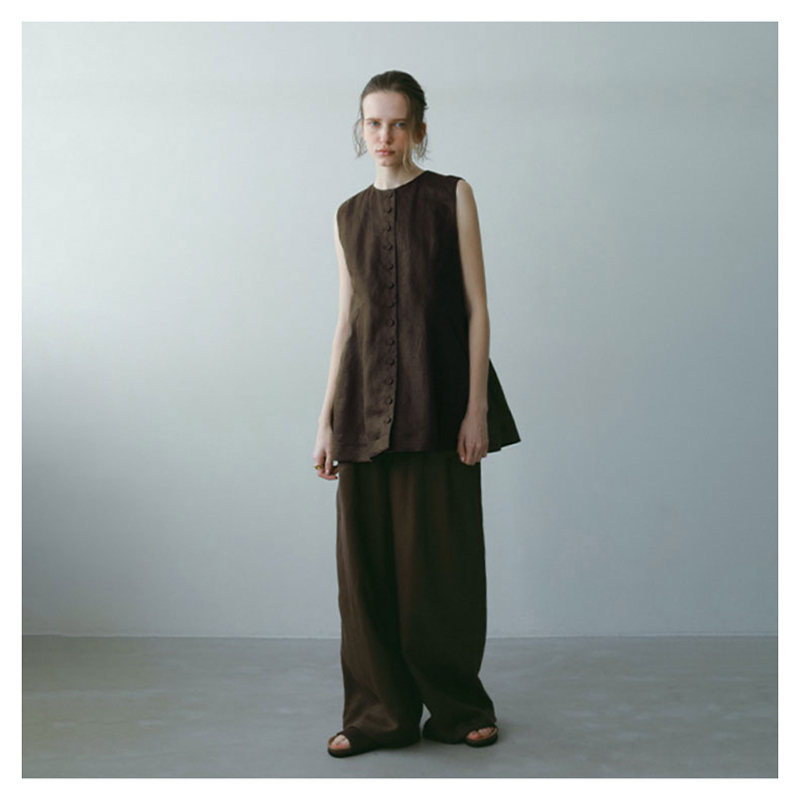 Japanese Style, Natural Style, Niche Commuter Ol, Artistic, Simple, Round Neck, Button-Down, Slim Fit, A-Line Linen Shirt, Sleeveless Vest