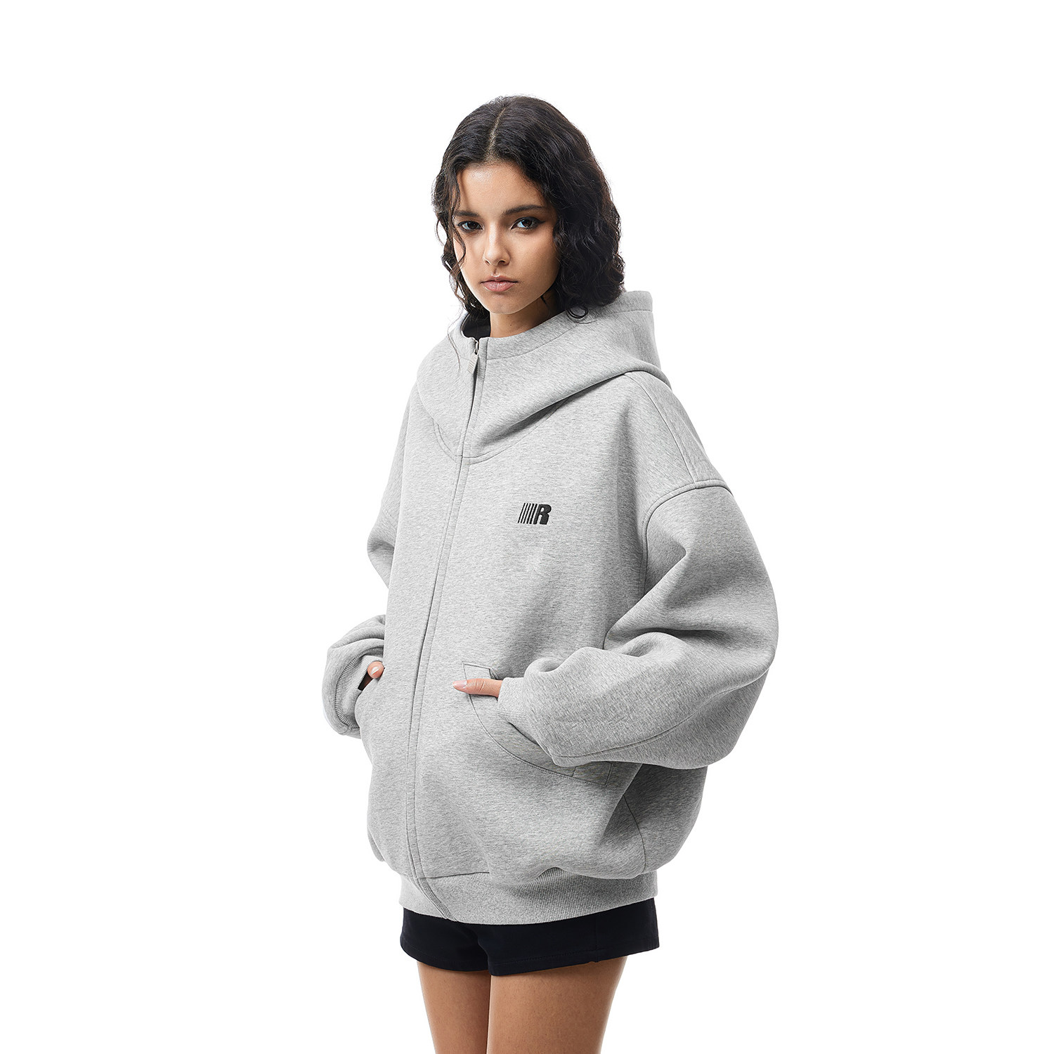 Fdr Spring and Autumn Gray Zip-Up Cardigan Top for Men and Women, Heavyweight High-Neck Air Layer Hooded Sweatshirt Jacket for Couples