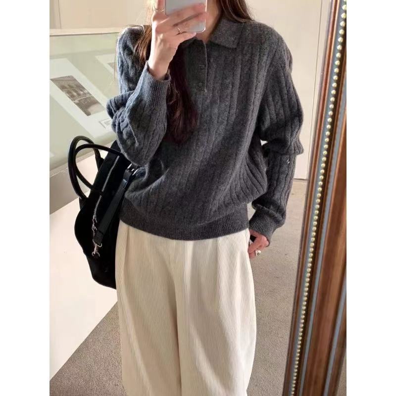 Women's Button-Down Lapel Sweater, Autumn and Winter Style, Knitted Cable Wool Base Sweater, Polo Collar Pullover Knit Sweater, Casual Women's Button-Down Lapel Sweater, Autumn and Winter Style, Knitted Cable Wool Base Sweater, Polo Collar Pullover Knit Sweater, Casual